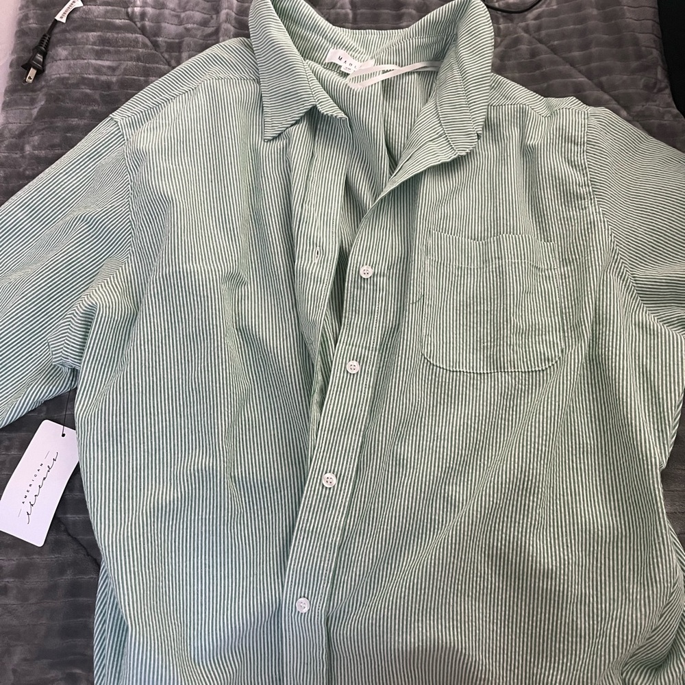 striped green & white button up